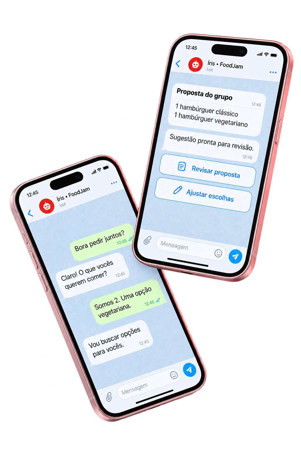 Dois iPhones com a Íris no Telegram. No primeiro, o grupo inicia o pedido e compartilha preferências. No segundo, a proposta com duas opções está pronta para revisão, com botões para revisar ou ajustar escolhas.